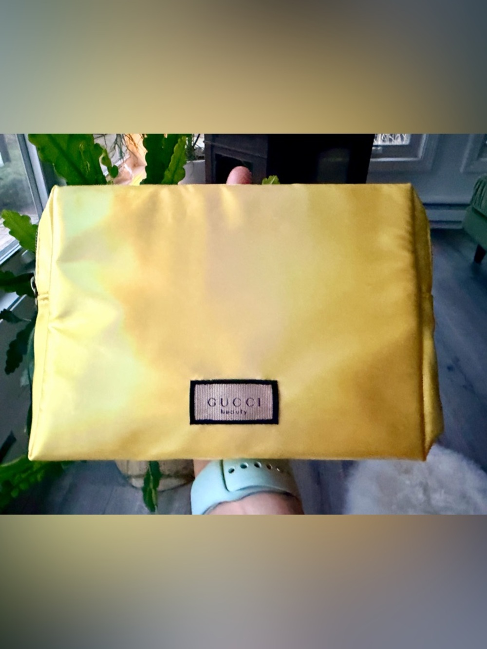 Gucci Beauty Iridescent Yellow with a Floral Interior Pattern Pouch. NEW/SEALED